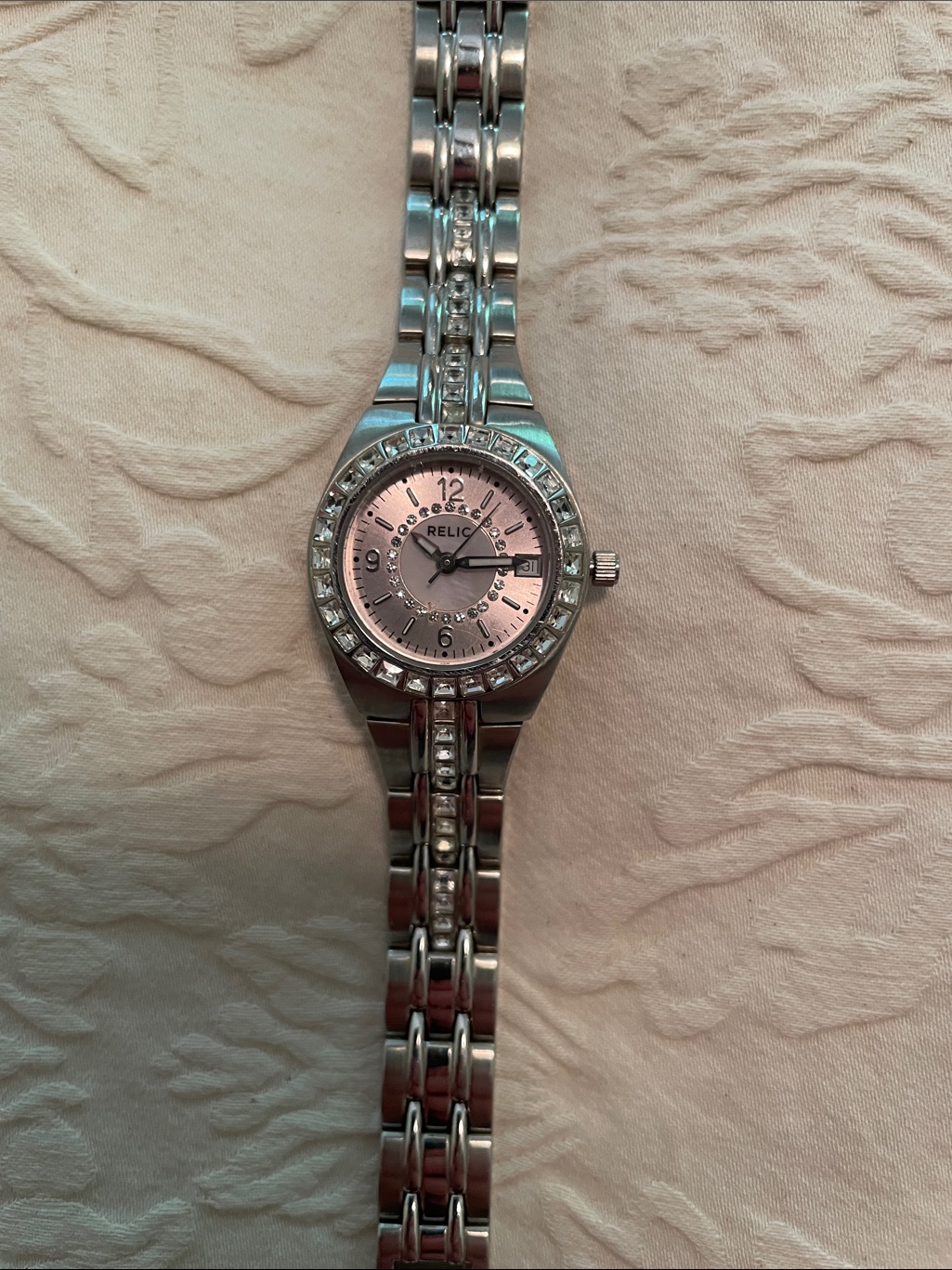 Relic Silver Bracelet Watch With Pink Dial And Crystal Accents